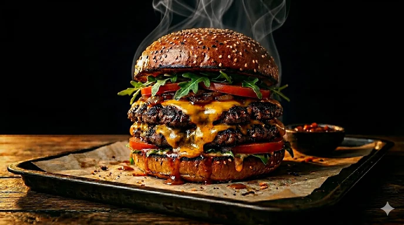 Hero image of a delicious burger with smoke